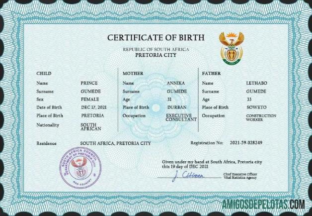 Realista modelo PSD de certidão de nascimento da África do Sul